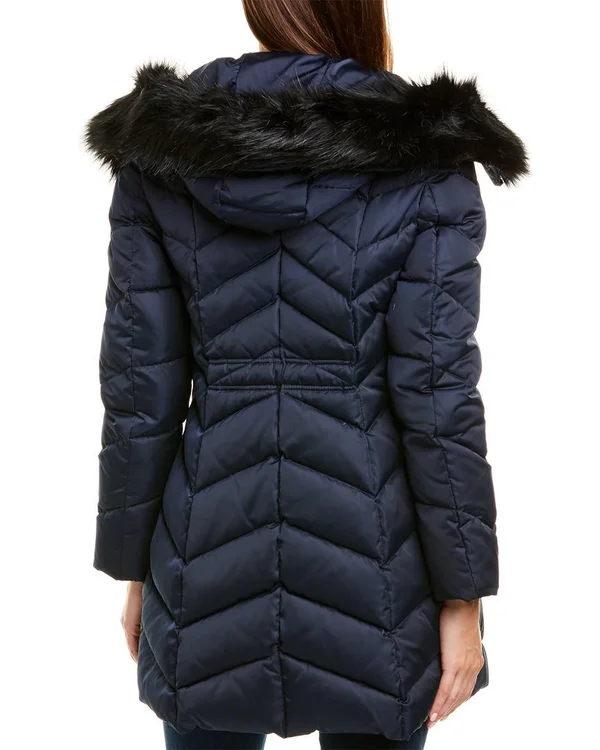 Tahari Gwen Womens Faux Fur Trim Midi Down Coat - Galaxy