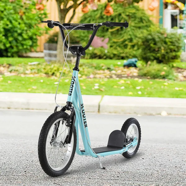 Aosom Teens Youth Scooter Ride on Toy with Adjustable Handlebar, Dual Brakes, and Inflatable Wheels for Kids 5+ (Blue)