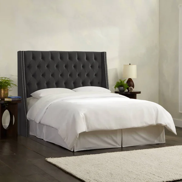 Full Diamond Tufted Wingback Headboard Dark Gray Velvet with Silver Nail Buttons - Skyline Furniture
