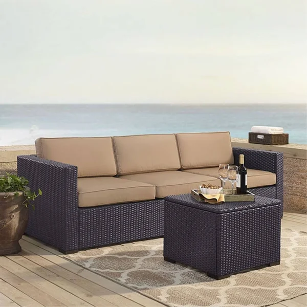 Ergode Biscayne 3 Person Outdoor Wicker Seating Set in Mocha - One Loveseat - One Corner & Coffee Table
