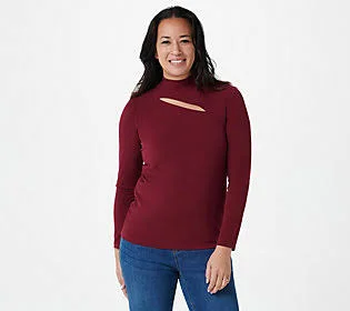 Susan Graver Liquid Knit Mock-Neck Top with Slit Detail - Size Large, Evening Wine