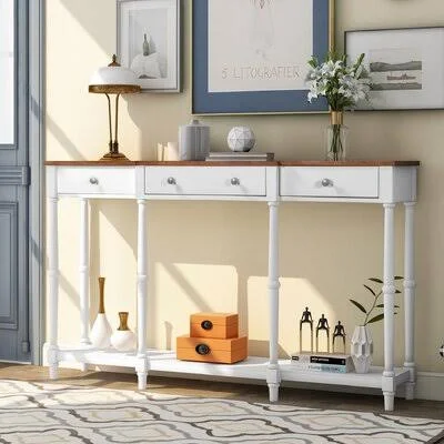 Beaumont Solid Wood Console Table Classic Entryway Table with Storage Shelf and Drawer Rosecliff Heights Table Top Color: Brown