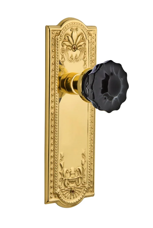 Nostalgic Warehouse Meadows Plate Double Dummy Crystal Black Glass Door Knob in Polished Brass