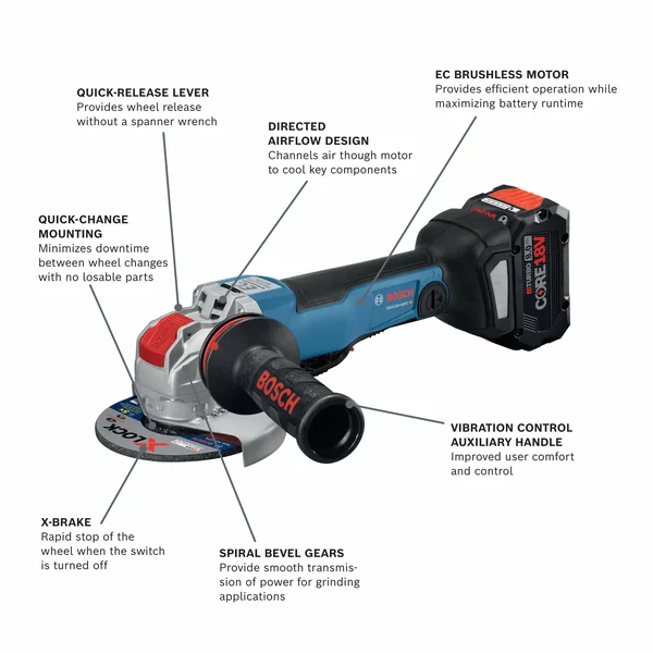 Bosch GWX18V-50PCB14 18V X-Lock Brushless Connected-Ready 4-1/2 in. – 5 in. Angle Grinder Kit with (1) CORE18V 8.0 Ah Performanc