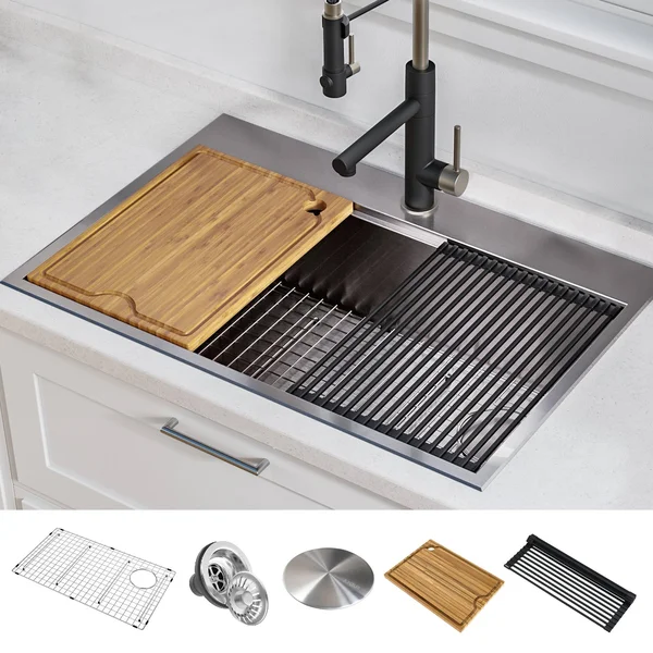 Kraus KWT310-30 Kore Workstation 30-Inch Drop-In or Undermount 16 Gauge Single Bowl Stainless Steel Kitchen Sink with Accessorie