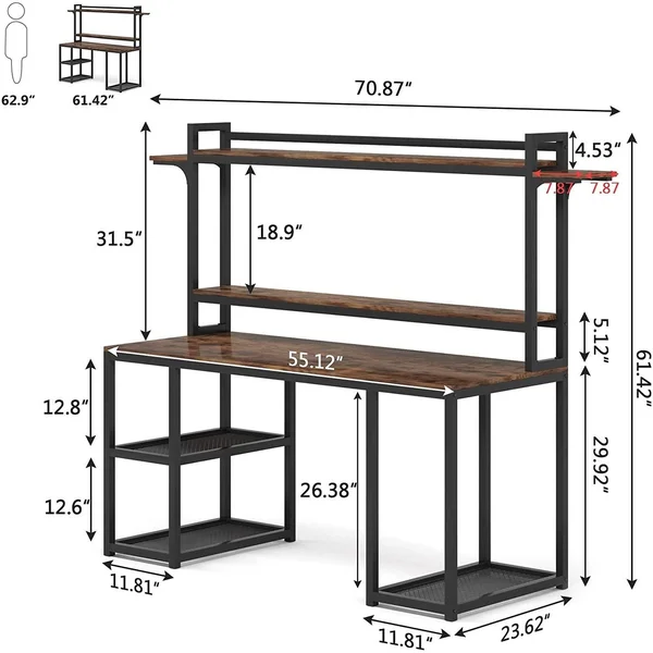 55 inch Large Writing Computer Desk with Storage - Rustic Brown
