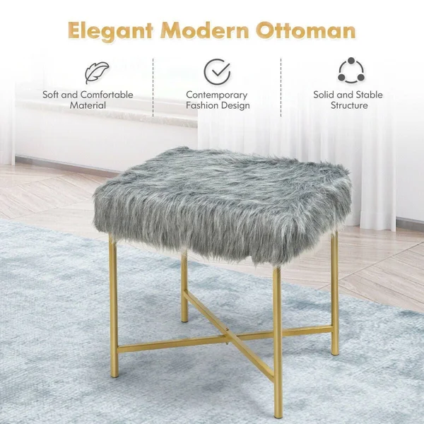 Faux Fur Ottoman Decorative Stool with Metal Legs - Pink
