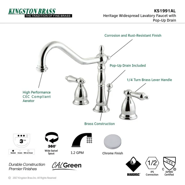 Kingston Brass Ks1995al Heritage Widespread Lavatory Faucet with Brass Pop-Up - Oil Rubbed Bronze