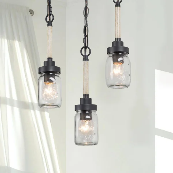 LNC 1-Light Modern Farmhouse Mini Black Pendant Mason Jar Kitchen Island Pendant Lighting with Faux Wood Accents