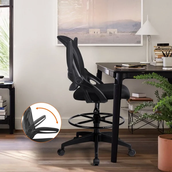 Comhoma Drafting Chair Mid Back Mesh Office Chair with Flip Up Armrests - Black