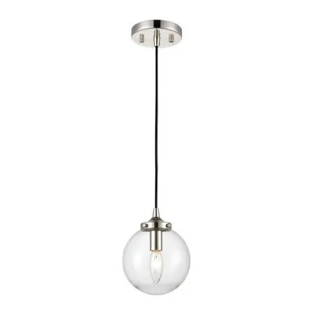 Mid-Century Modern Design - One Light Mini Pendant with Clear Glass Round Globe Matte Black/Polished Nickel Finish with Clear Gl