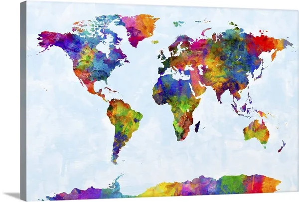 Watercolor Map of The World Map - Canvas Wall Art, 36x24, Great Big Canvas