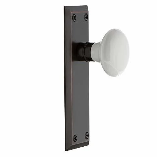 Nostalgic Warehouse 733133 New York Plate Privacy White Porcelain Door Knob - Oil-Rubbed Bronze