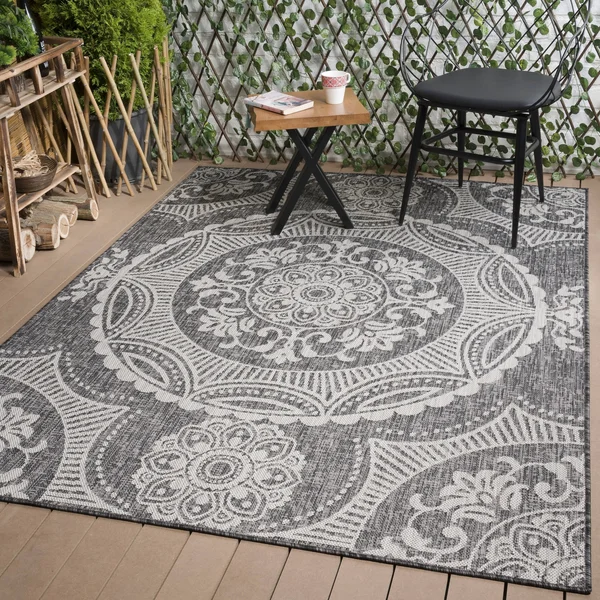 Beverly Rug Waikiki Collection Indoor/Outdoor Medallion Area Rug- Dark Grey, Light Grey - WKK20609 - 7&10x22 x10&0x22