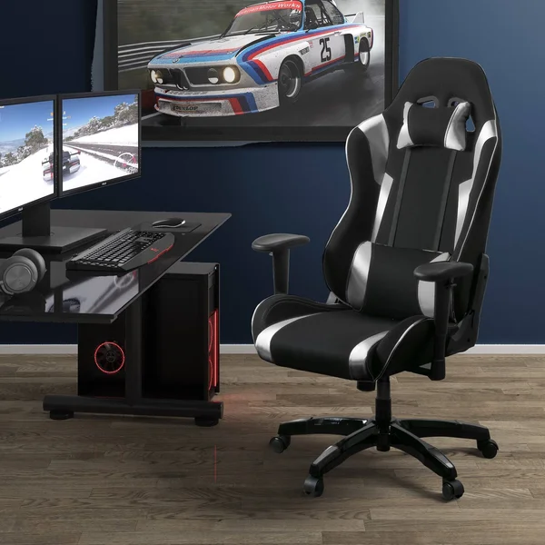 Porch & den Banton Bonded Leather, Fabric, and Mesh High-Back Ergonomic Gaming Chair - White/Blue
