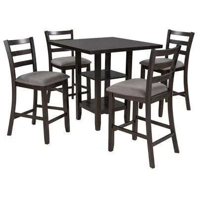 5-Piece Wooden Counter Height Dining Set, Square Dining Table with 2-Tier Storage Shelving and 4 Padded Chairs, Espresso Red Bar