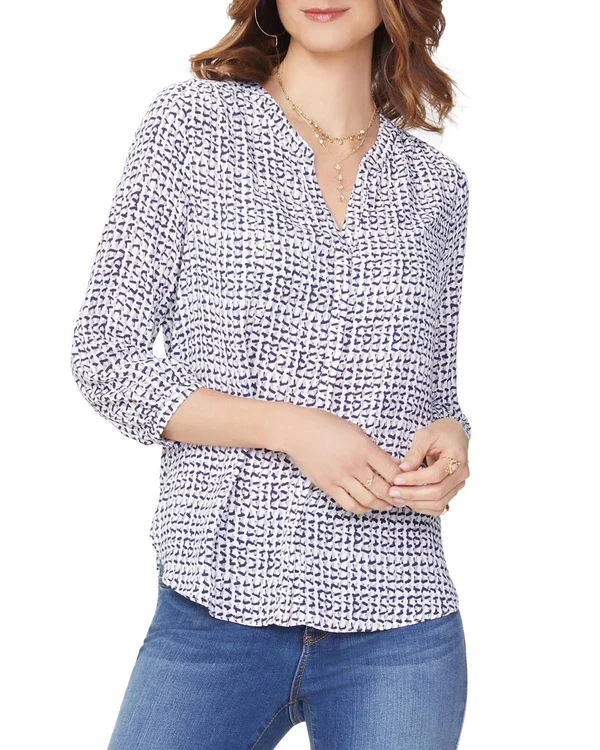 Nydj Westport Bouquet Print Split Round Neck 34 Sleeve Pintuck Blouse - M