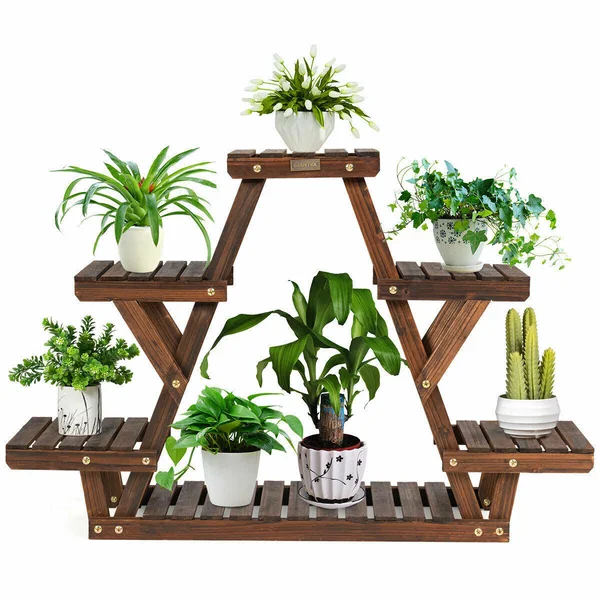 Costway Wood Plant Stand Triangular Shelf 6 Pots Flower Shelf