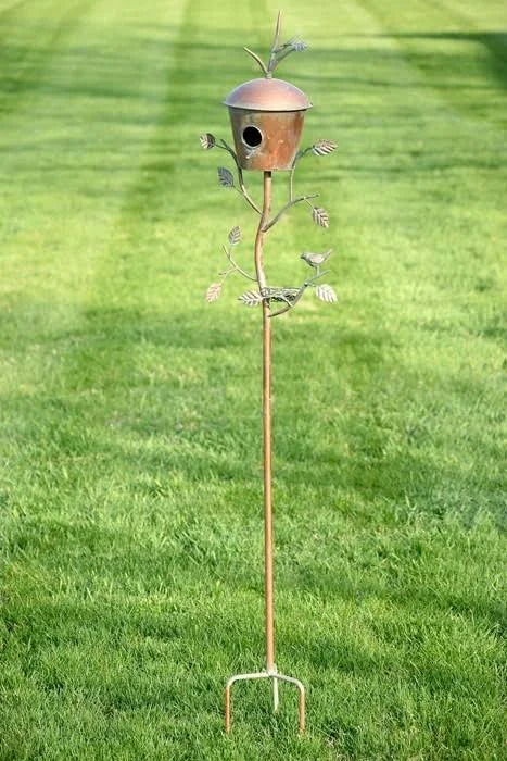 Zaer ZR173714-D Iron Birdhouse Stake with Dome Roof Antique Copper Finished
