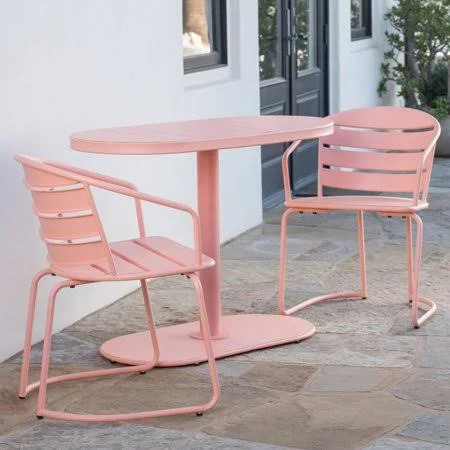 Monica Outdoor 3 Piece Iron Bistro Set, Matte Coral, Pink