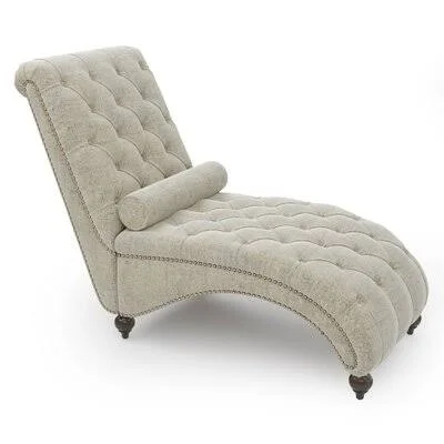 68? Linen Button Tufted Chaise Lounge Chair Indoor Leisure Chair Rest Sofa Couch with 1 Bolster Pillow, Wooden Frame, Nailhead Tr