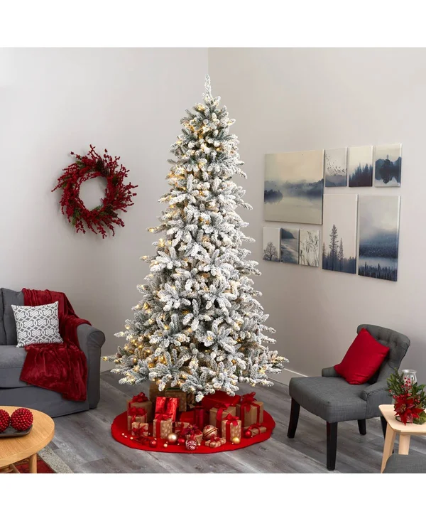 Nearly Natural 9ft. Flocked Livingston Fir Artificial Christmas Tree with Pine Cones and 650 Clear Warm LED Lights