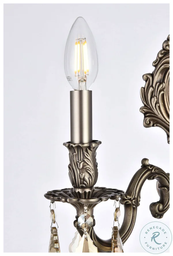 Elegant Lighting 9602W10PW-GT/RC Monarch 2 Light Pewter Wall Sconce Golden Teak (Smoky) Royal Cut Crystal