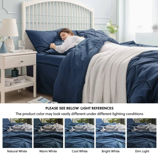 Bedsure Blue Comforter Set Queen - 8 Pieces Pintuck Bed in A Bag Queen - Navy Queen Bed Set with Comforters, Sheets, Pillowcases