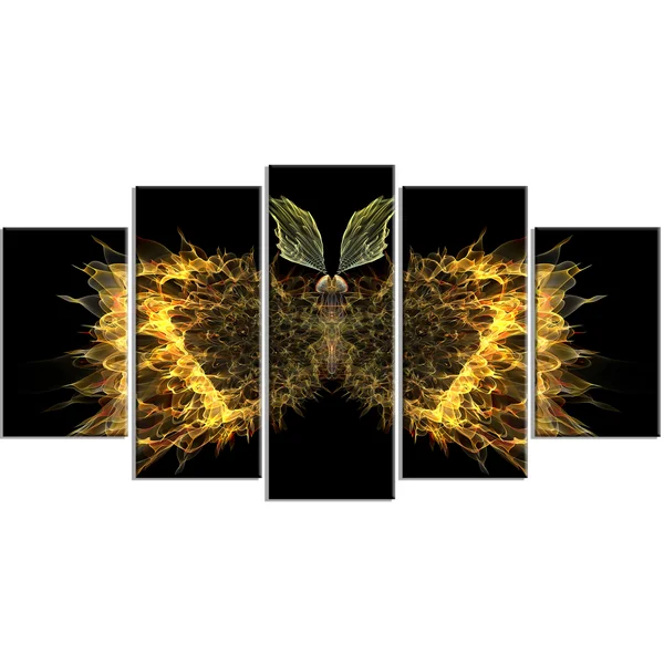 Design Art Golden Fractal Butterfly in Dark - Large Abstract Art Canvas Print - Yellow - 60 in. Wide x 28 in. High - 5 Equal Pane