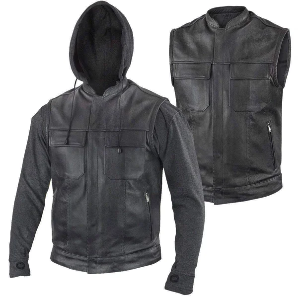 Xelement Bxu1006 Men's &Jax& Black Leather Motorcycle Hoodie Jacket with Convertible Vest Black - Size: XL