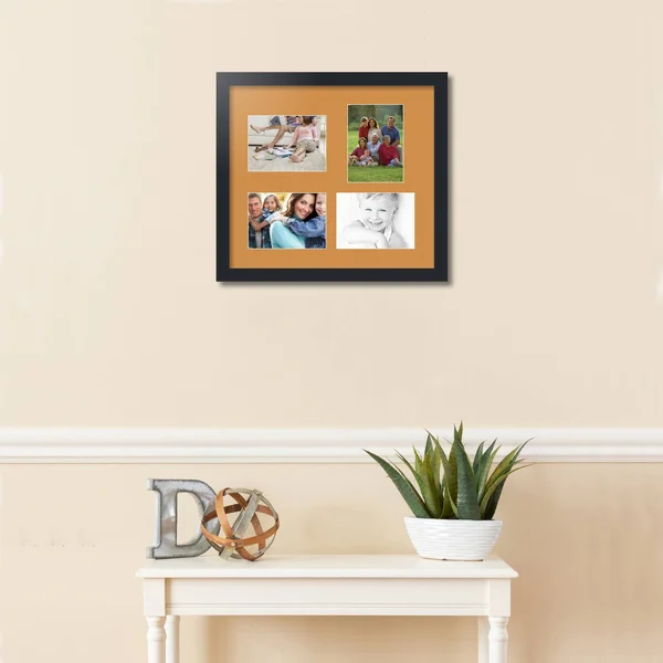 Collage Picture Frame - Satin Black Frame with 4 openings for 5x7 Photos with Yellow Amber Mat. D3926CH1117, ArtToFrames