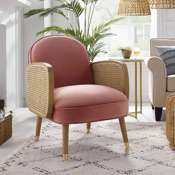 Art-Leon Woven Rattan Armrest Velvet Upholstery Accent Chair
