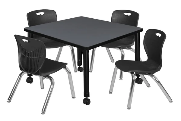 Regency Kee 30x22 Square Height Adjustable Mobile Classroom Table - Grey & 4 Andy 12-in Stack Chairs- Black