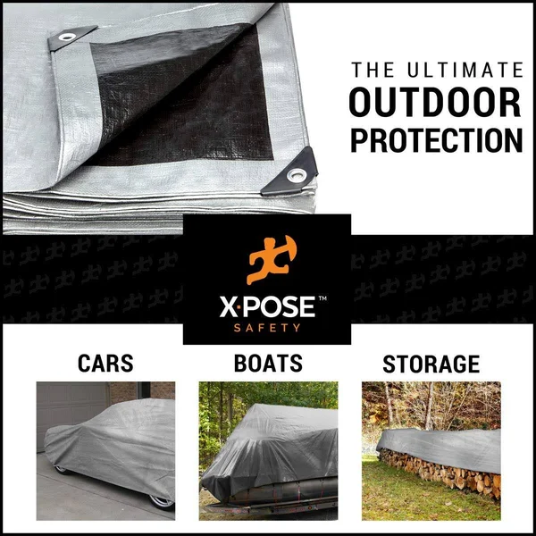 Xpose Safety Heavy Duty Poly Tarp - 15& x 30& - 10 Mil Thick Waterproof, UV Blocking Protective Cover - Reversible Silver and Bl
