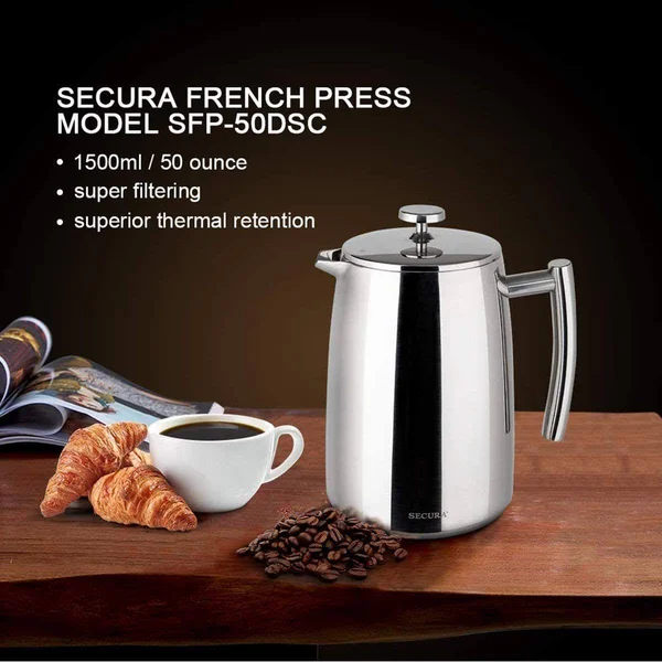 Secura 1500ml French Press Coffee Maker - 50-Ounce, Stainless Steel 18/10 Extra