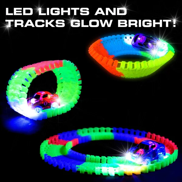 Glow Race Tracks for Boys 360pk Flexible Glow in The Dark Magic Snap Race Tracks for Kids w/ Light Up Car Toys - Car Racing Track
