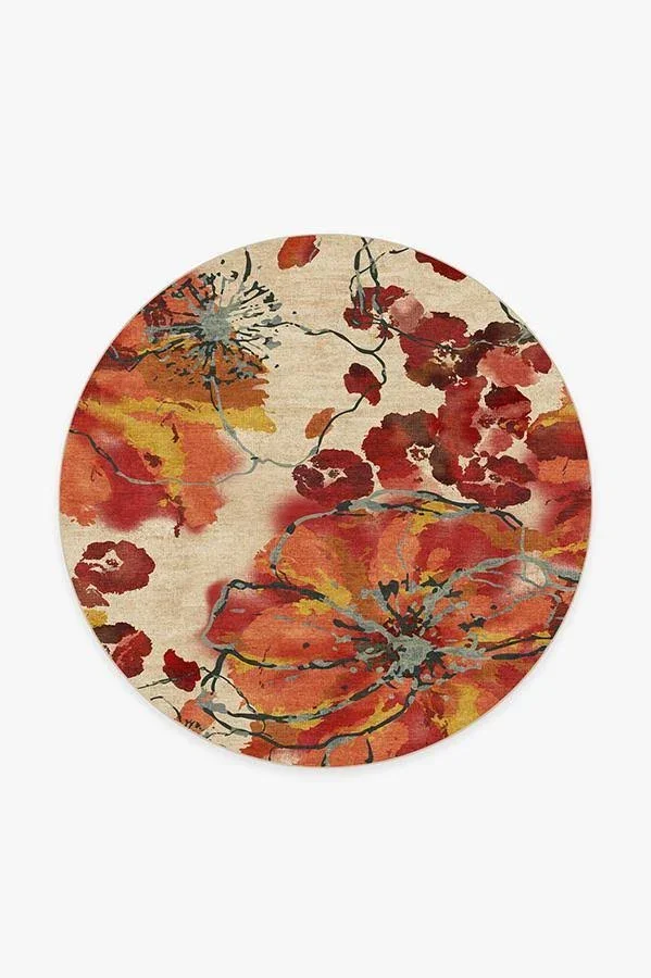 6& Round, Machine Washable Round Area Rug, Kid & Pet Friendly, Indoor Round Area Rug, Watercolor Floral Coral Rug, Rugg