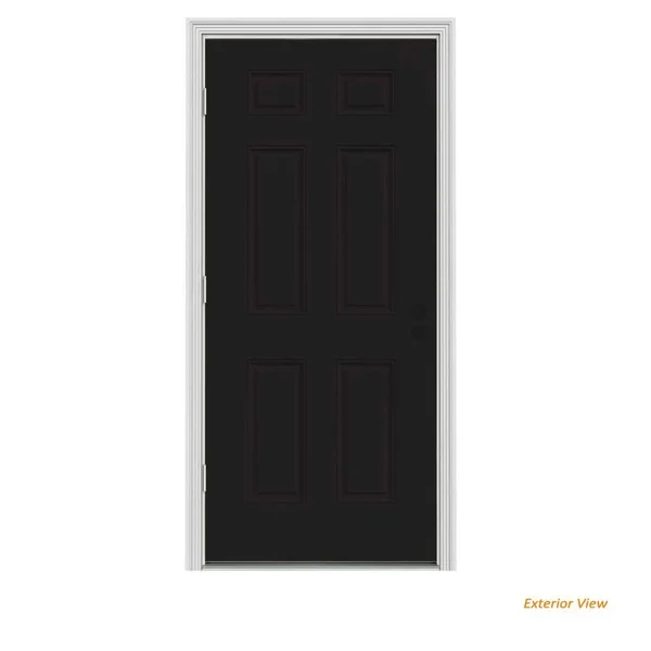 JELD-WEN 36 in. x 80 in. 6-Panel Black Painted Steel Prehung Right-Hand Outswing Front Door w/Brickmould