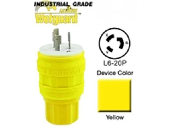 Leviton 26W48 Locking Plug, 20A, 250V, Wetguard, 2P3W