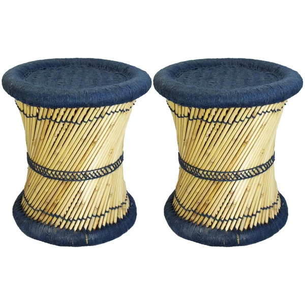 Natural Geo Moray Decorative Handwoven Jute Stool in Blue (Set of 2)