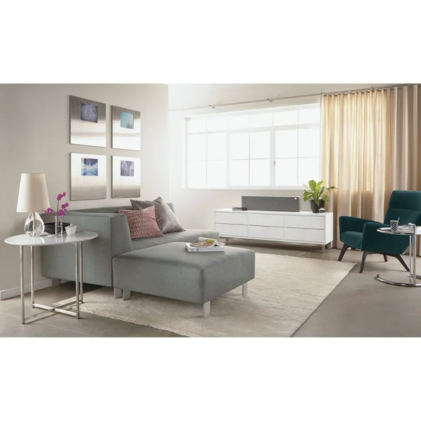 Room & Board, Modern Classic Round End Table 18 Diameter 22H in Stainless Steel, Fog Quartz Top w/ Stainless Steel Frame B