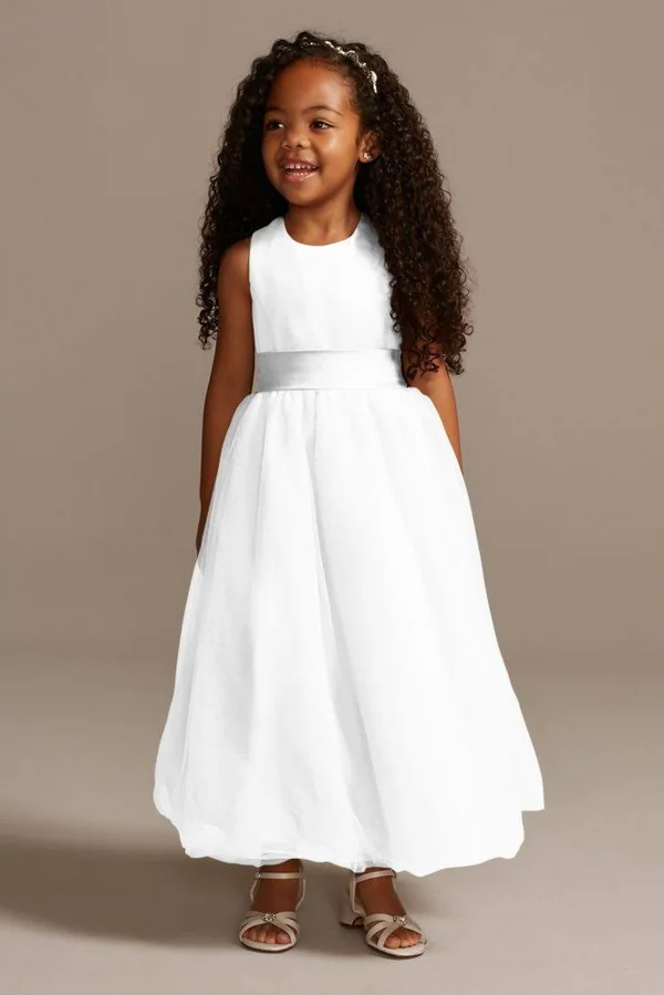 Satin Flower Girl - Communion Dress with Tulle Skirt - White, 4