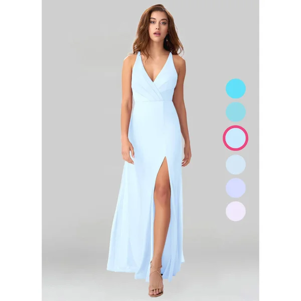 Azazie A-Line/Princess V-Neck Floor-Length Mesh Bridesmaid Dresses - Sky Blue