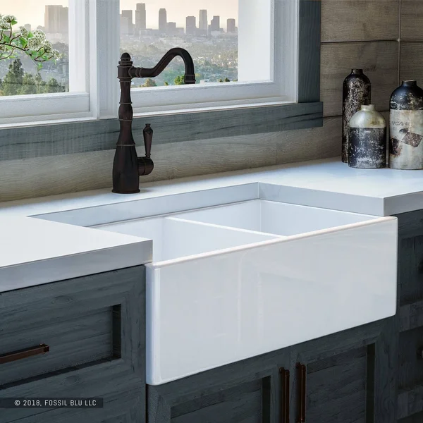 Fossil Blu Luxury 33 in. Ultra Fine Fireclay Modern Farmhouse Kitchen Sink in White, Double Bowl with Flat Front, Includes Drain