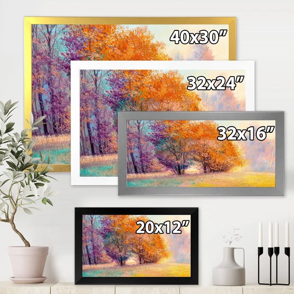 Designart 'Autumn Forest Orange Leaves Original Landscape' Lake House Framed Art Print - 20 in. Wide x 12 in. High - Black