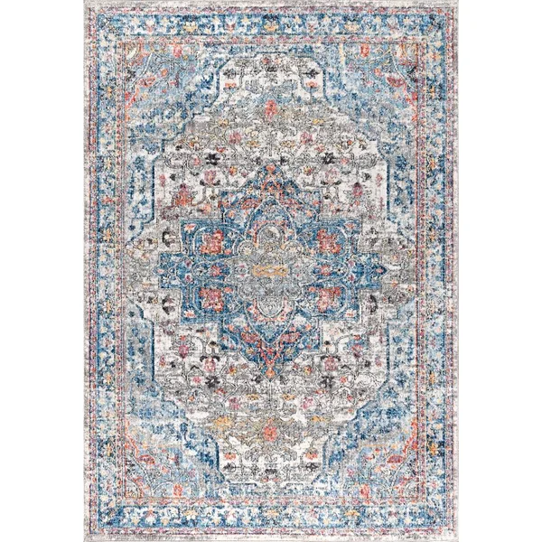 Jonathan Y RES103 Manisa Vintage Medallion Ivory/Peacock Blue/Coral 8 ft. x 10 ft. Area Rug