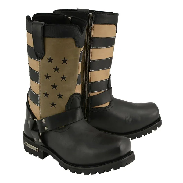 Milwaukee Leather Mbm9045 Men's Stars and Stripes Black with Tan Motorcycle Harness Boots - Distressed Brown - 11