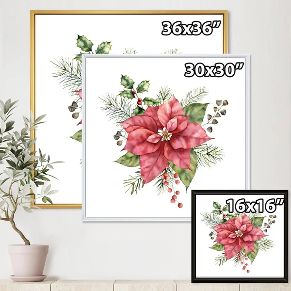 Designart &Holly Mistletoe Berries & Christmas Fir Branch II& Traditional Framed Canvas Wall Art Print - 36 in. Wide x 36 in