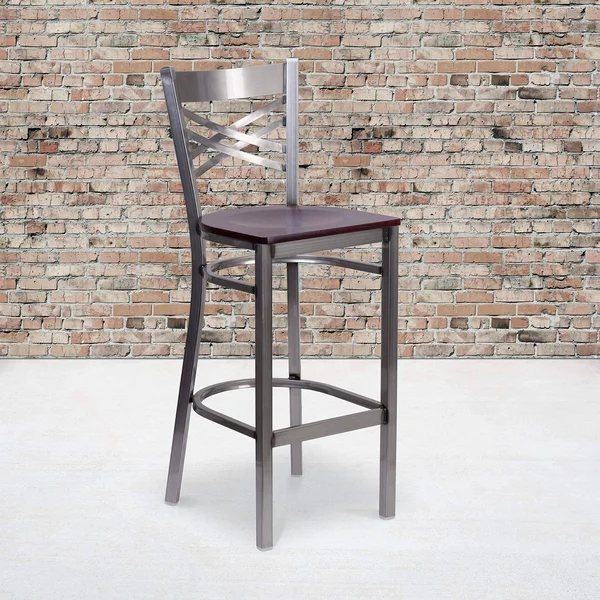 Flash Furniture X-Back Metal Restaurant Barstool - Clear Coated Mahogany Wood Seat - Hercules Series
