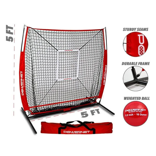 Powernet 5x5 Baseball Softball Practice Hitting Net Bundle (w/ Strike Zone + Training Ball), Blue